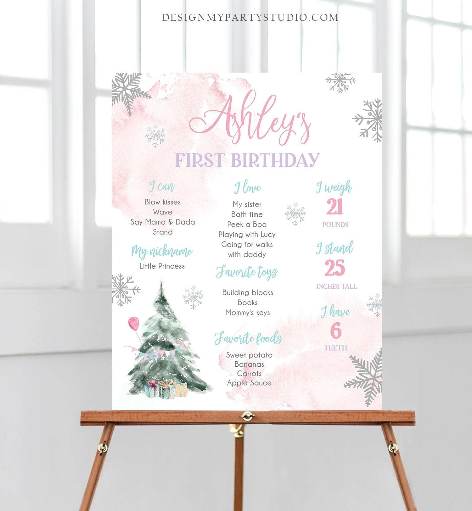 Editable Winter Tree Birthday Milestones Sign Winter Onederland Watercolor First Birthday Girl Snowflakes Digital Template Printable 0363