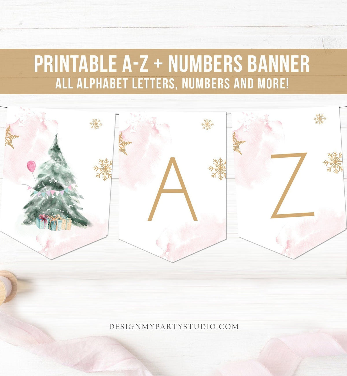 Winter Tree Alphabet Banner A-Z Numbers Banner Winter Onederland Christmas Birthday Pink Gold Baby Shower Wonderland Digital Printable 0363