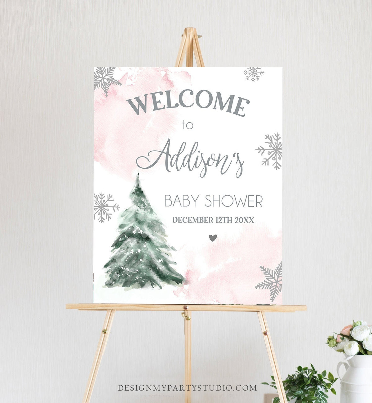 Editable Winter Tree Welcome Sign Tree Watercolor Baby Shower Girl Little Snowflake on the Way Wonderland Digital Template Printable 0363