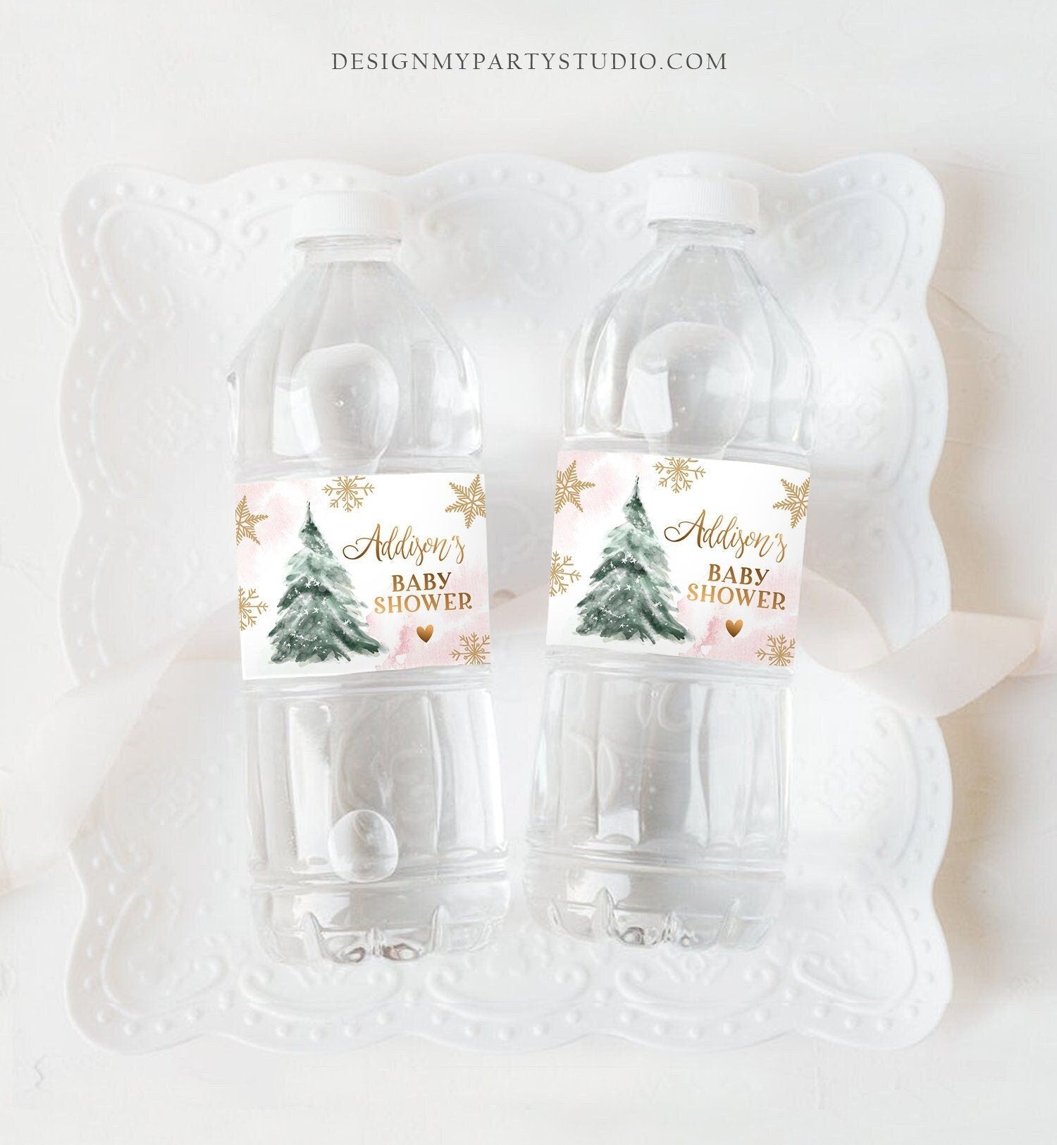 Editable Winter Baby Shower Water Bottle Labels Baby Cold Outside Girl Pink Gold Christmas Tree Digital Download Template Printable 0363