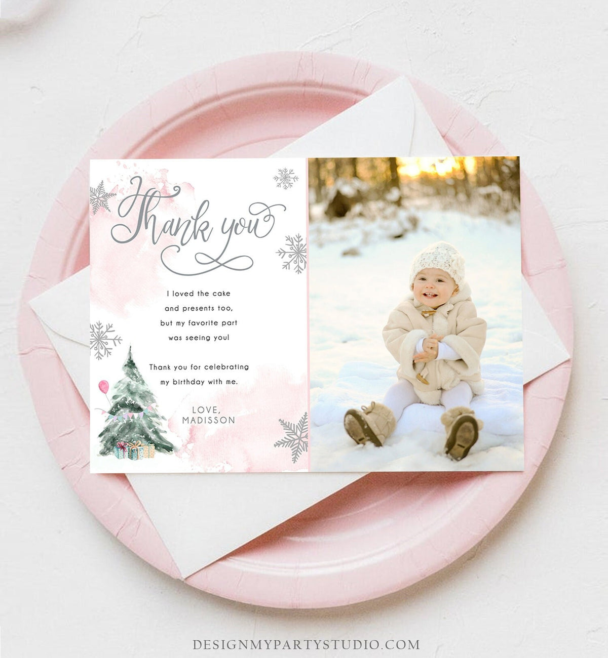 Editable Winter Tree Thank You Card Watercolor Birthday Winter Onederland Pink Girl Christmas Snow Snowflake Digital Template Printable 0363