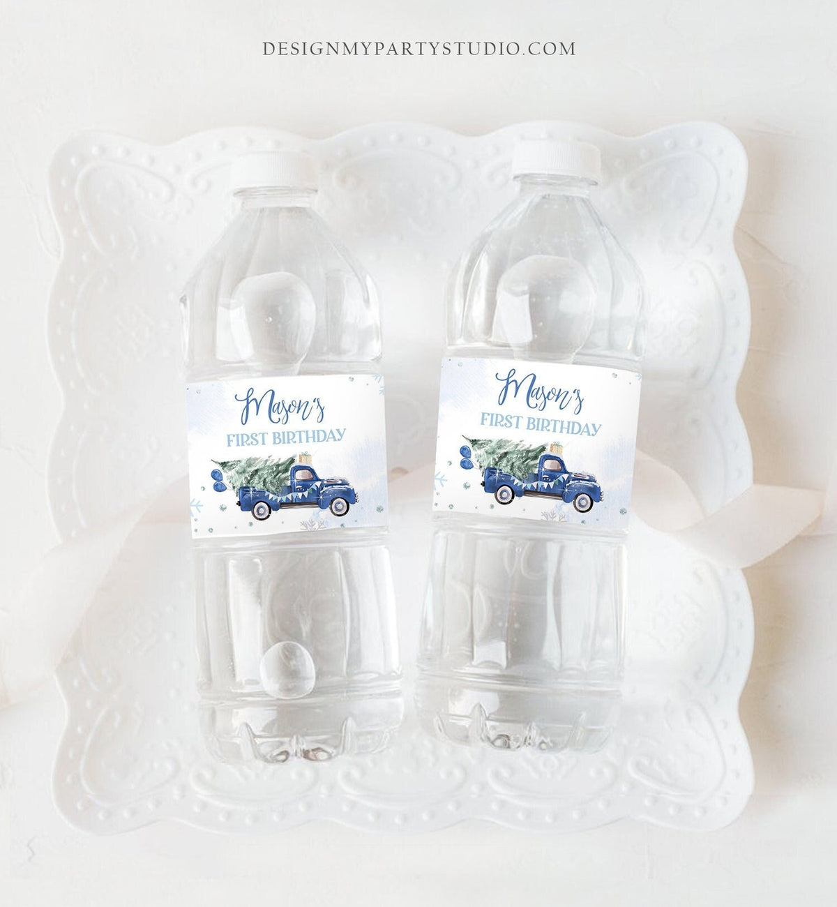 Editable Winter Truck Water Bottle Labels Winter Onederland Party Decor Boy Birthday Blue Truck Christmas Digital Template Printable 0495