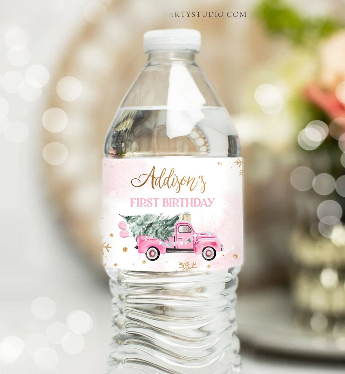 Editable Winter Truck Water Bottle Labels Winter Onederland Party Decor Girl Birthday Pink Truck Christmas Digital Template Printable 0495