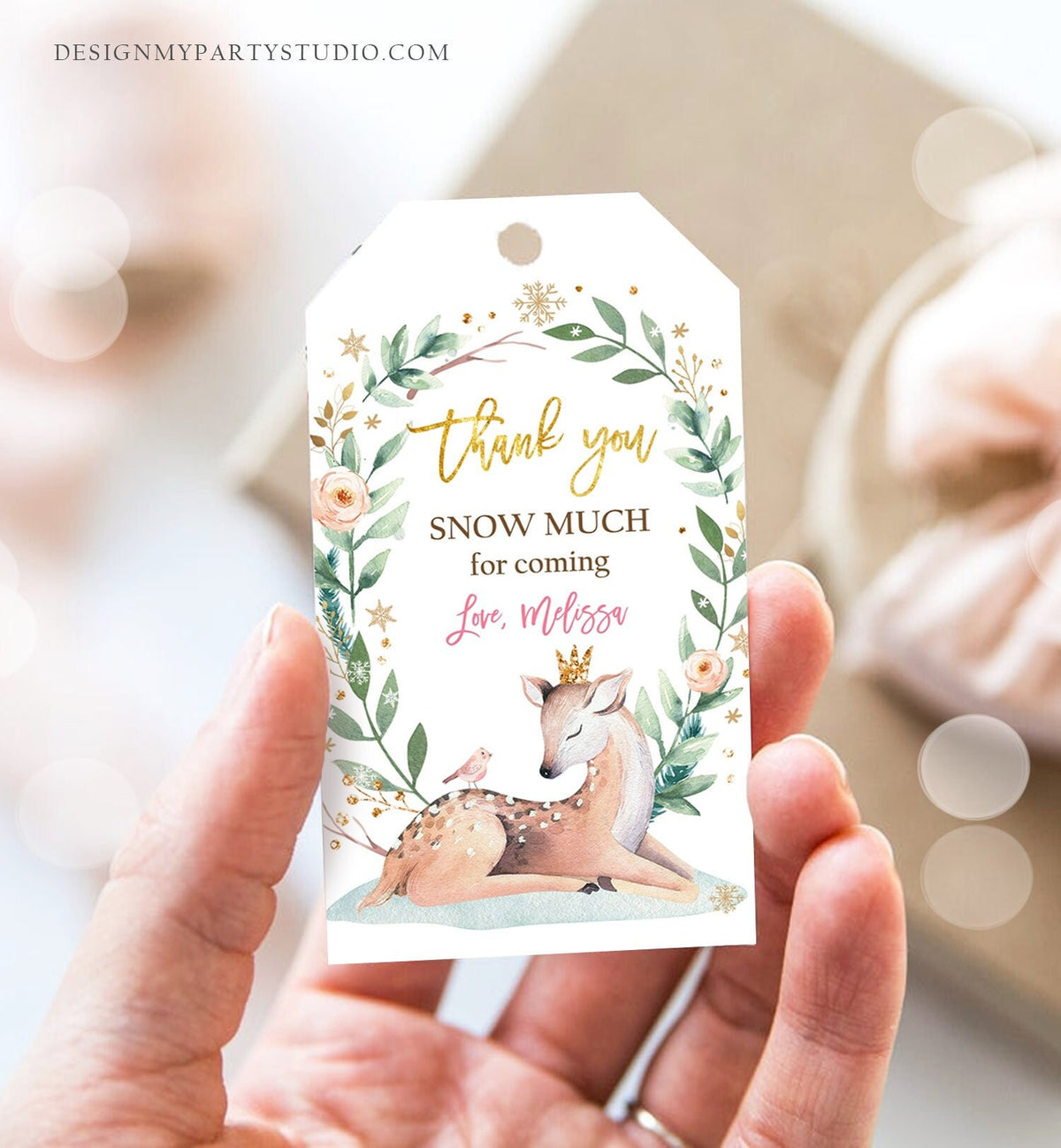 Editable Winter Birthday Favor Tags Pink Girl Snowflakes Thank You Snow much Winter Onederland Deer Shower Digital Template Printable 0265