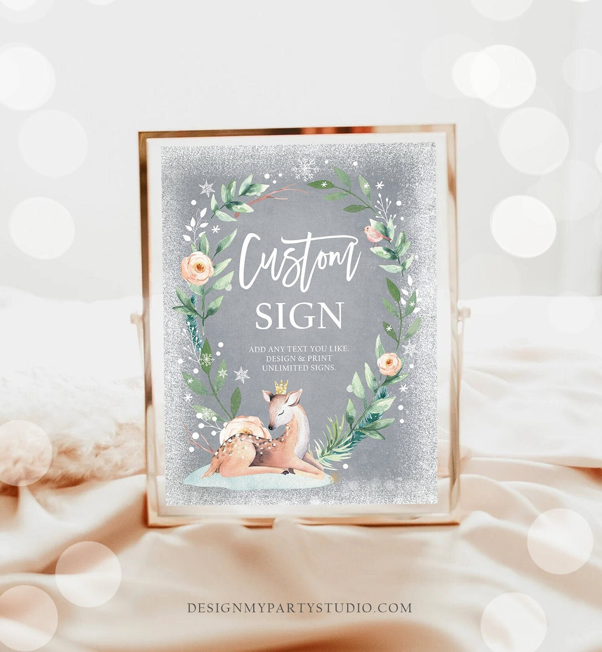 Editable Custom Sign Winter Deer First Birthday Baby Shower Sign Winter Onederland Cold Outside Pink Gold Digital Download Printable 0265