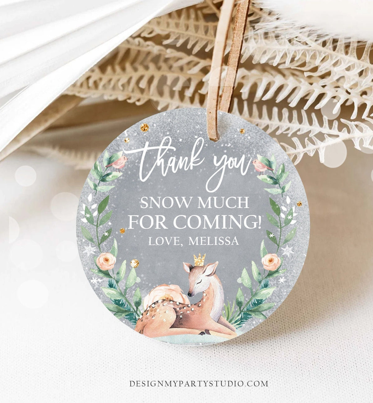 Editable Winter Deer Favor Tag Winter Onederland Birthday Snowflakes Thank You Christmas Winter Gold Girl Digital Template Printable 0265