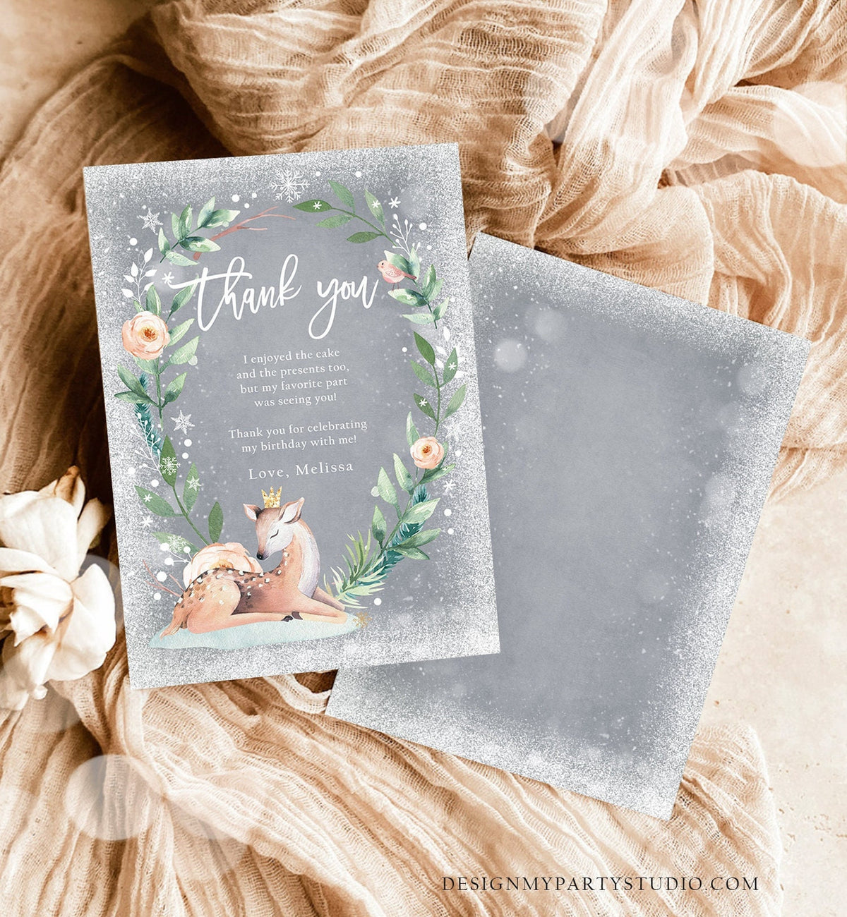 Editable Winter Onederland Thank You Card Winter Deer Snowflake First Birthday Note Pink Girl Gold Digital Download Template Printable 0265