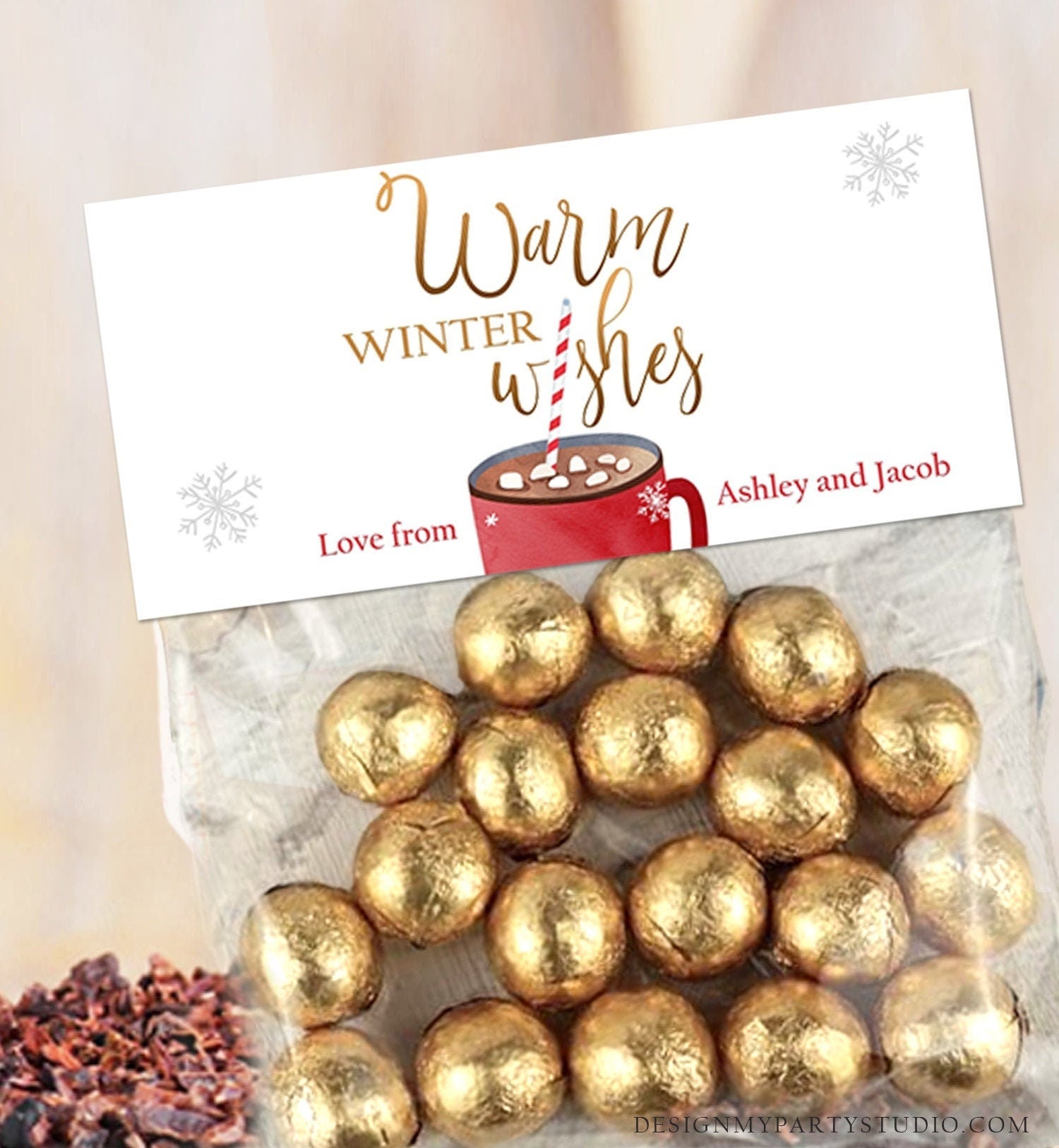 Editable Warm Wishes Treat Bag Topper Christmas Favors Hot Cocoa Holiday Gift Hot Chocolate Digital Download Template Printable 0353