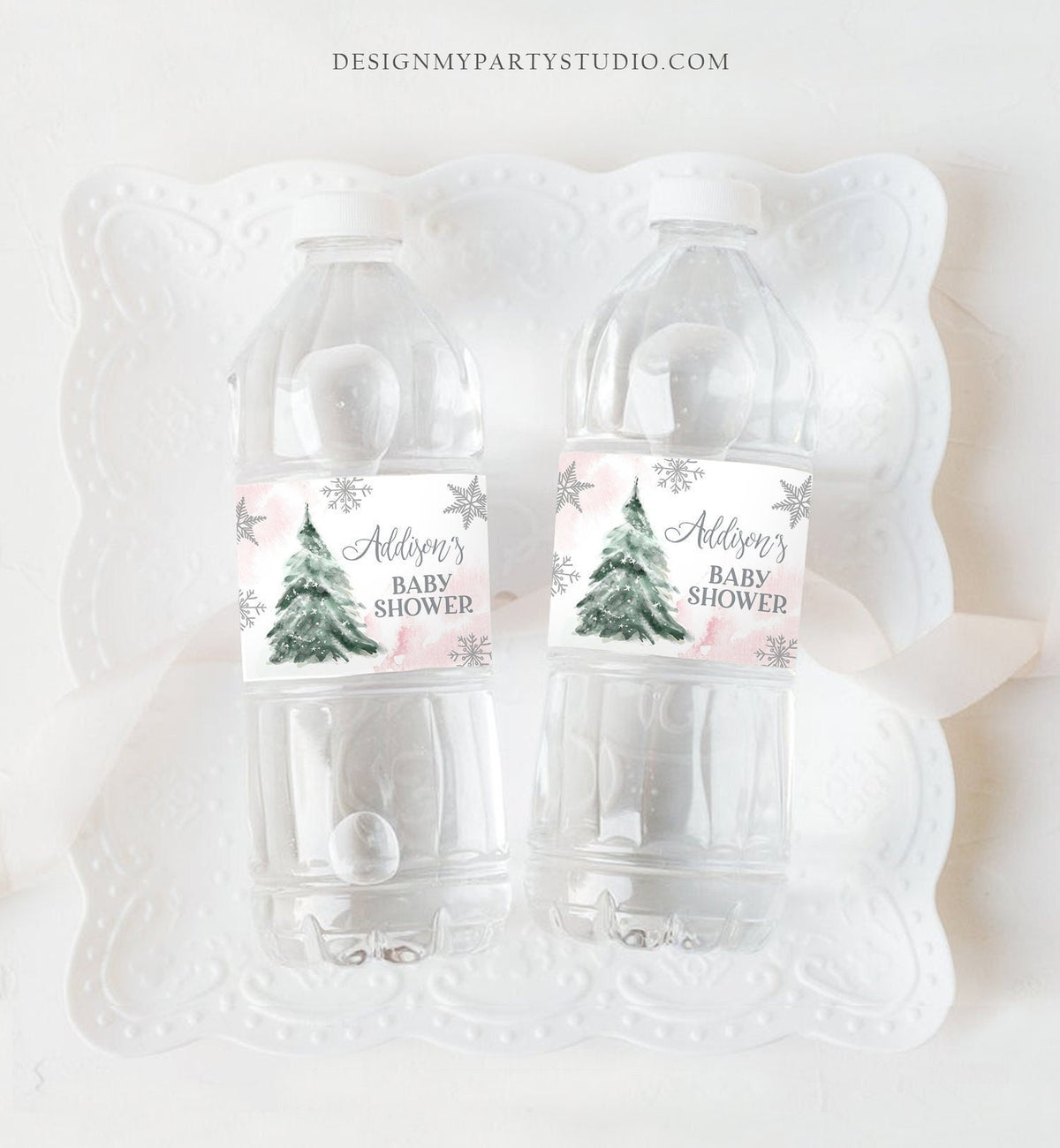 Editable Winter Baby Shower Water Bottle Labels Baby It&#39;s Cold Outside Girl Pink Silver Christmas Digital Download Template Printable 0363