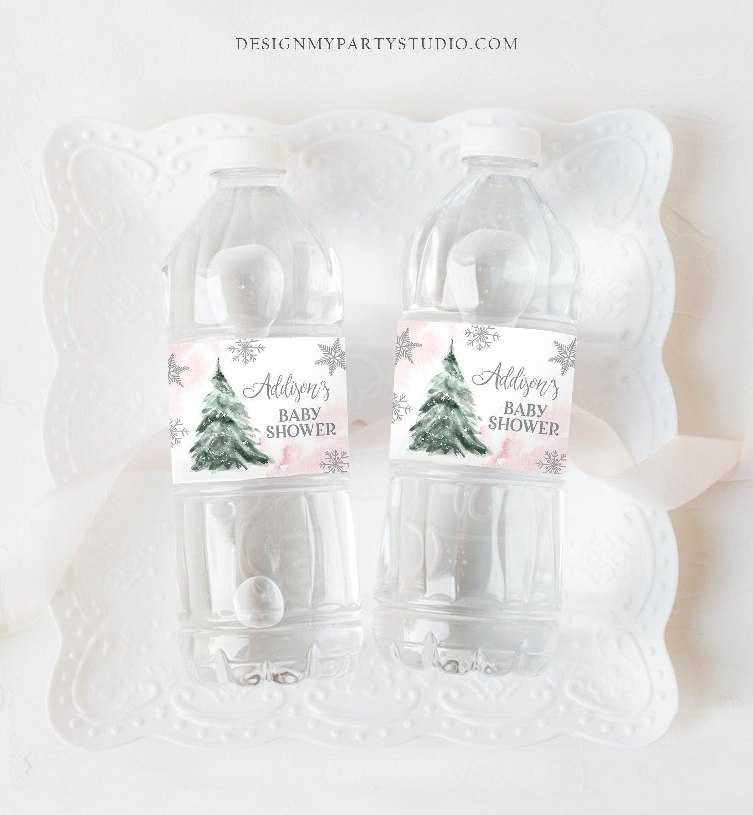 Editable Winter Baby Shower Water Bottle Labels Baby It's Cold Outside Girl Pink Silver Christmas Digital Download Template Printable 0363