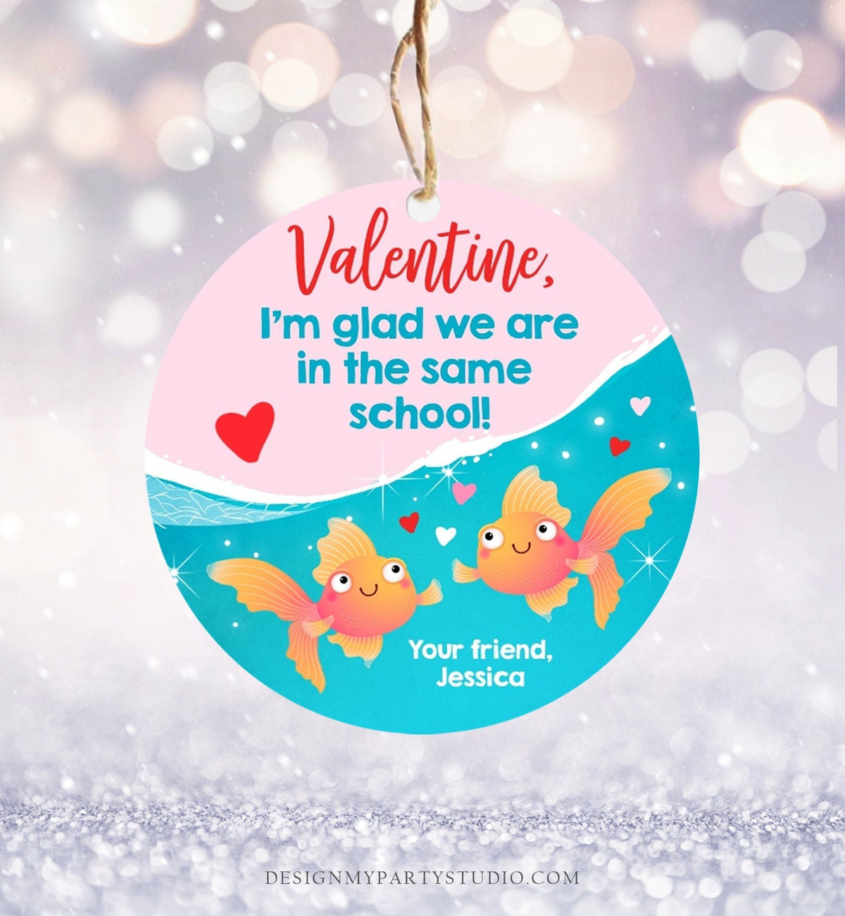 Editable Goldfish Valentine&#39;s Day Tag Glad we&#39;re in the same School Sticker Preschool Card Kids School Tag Digital Template Printable 0370