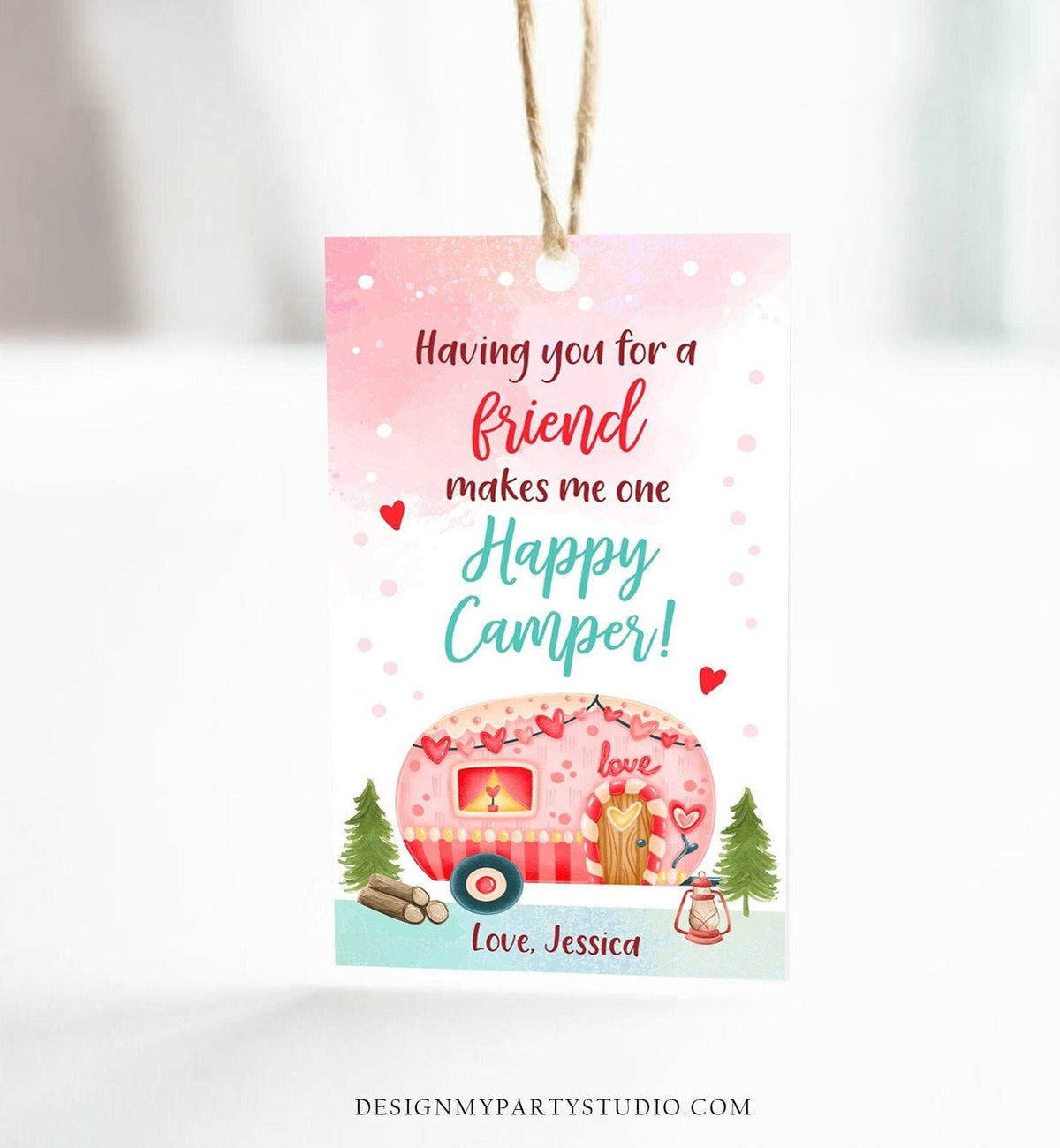 Editable Valentine Tags for Kids Valentine Happy Camper Tags Valentine&#39;s Day School Class Printable Personalized Digital PRINTABLE 0370