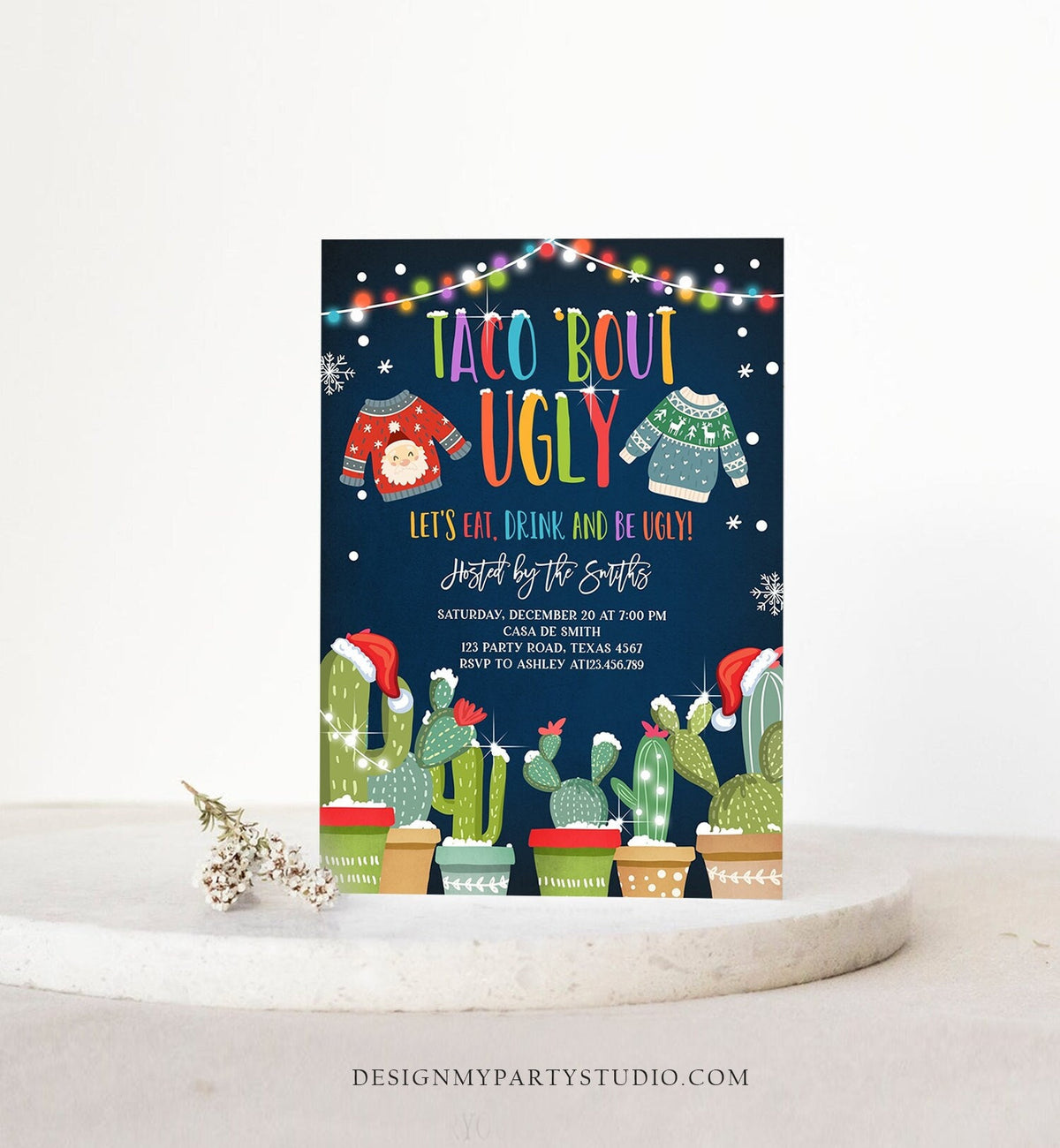 Editable Taco Bout Ugly Sweater Christmas Invitation Fiesta Cactus Mexican Holiday Feliz Navidad Digital Evite Template Printable 0273