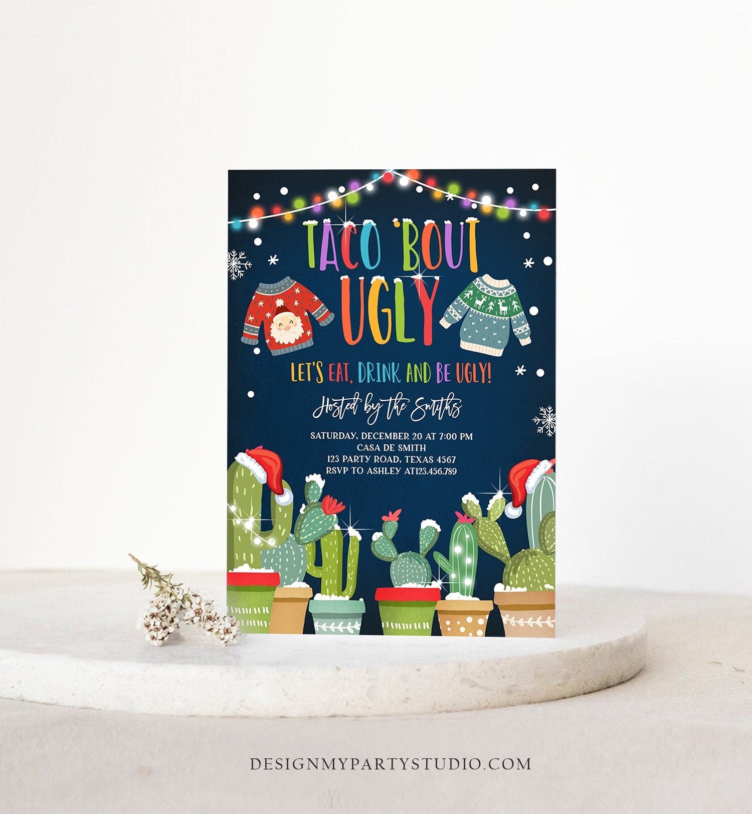 Editable Taco Bout Ugly Sweater Christmas Invitation Fiesta Cactus Mexican Holiday Feliz Navidad Digital Evite Template Printable 0273