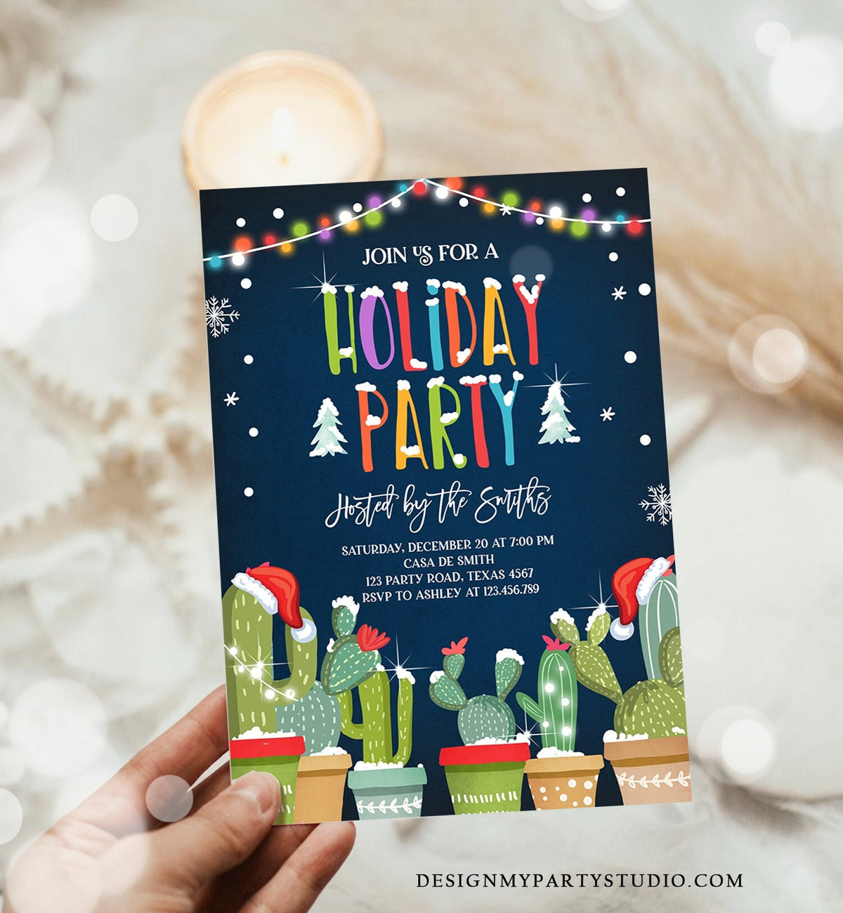 Editable Holiday Party Invitation Christmas Fiesta Cactus Mexican Holiday Feliz Navidad Xmas Party Digital Evite Template Printable 0273