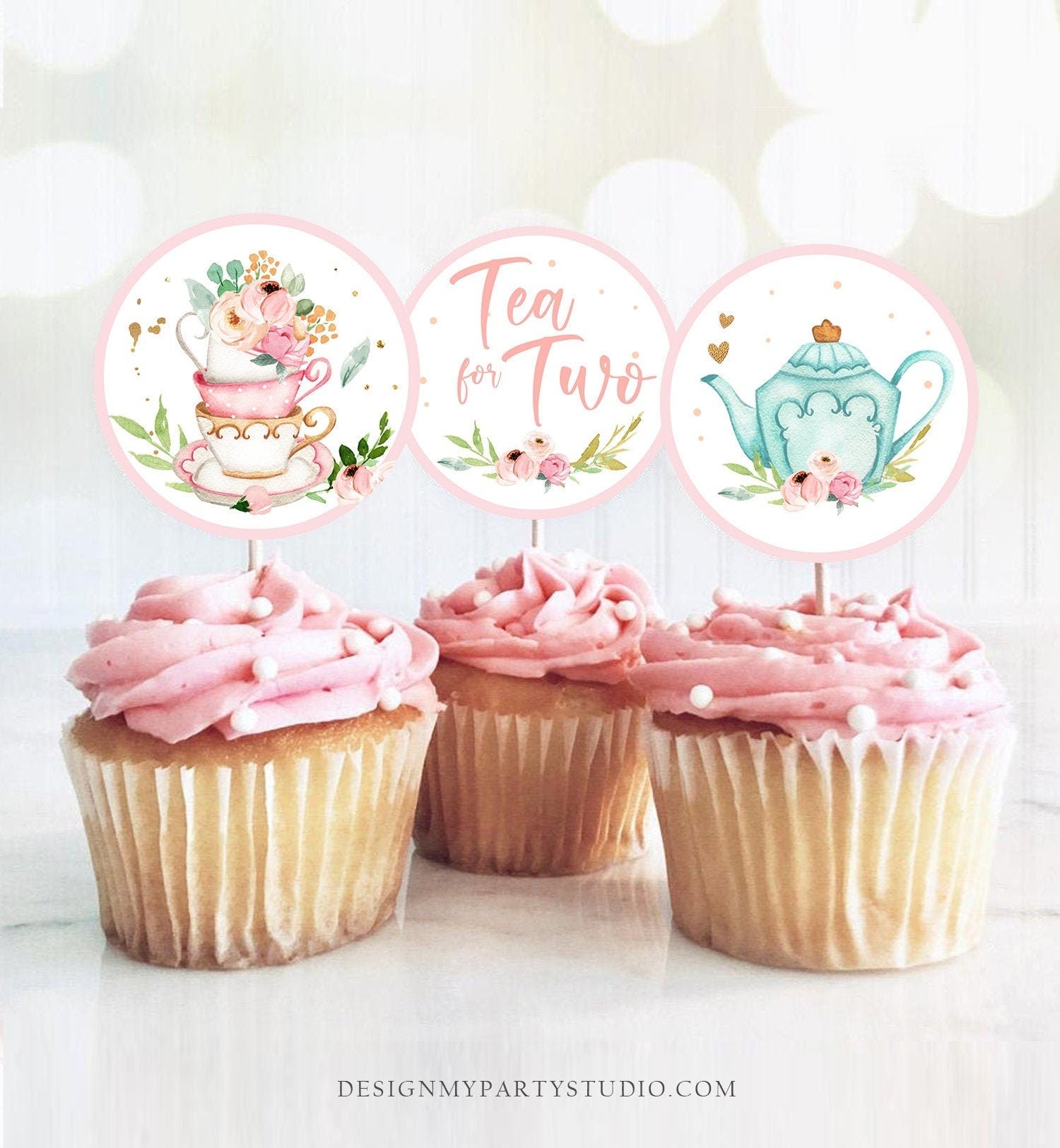 Tea Party Cupcake Toppers Tea Birthday Cupcake Toppers Favor Tag Girl Tea For Two Whimsical Floral Pink Gold Download Digital Printable 0349