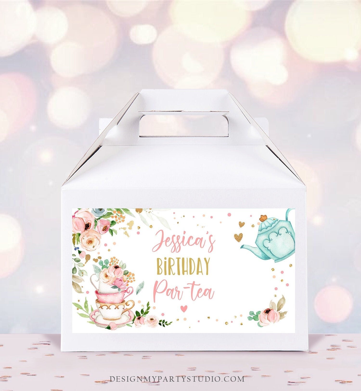 Editable Tea Party Gable Gift Box Label Tea Birthday Par-tea Girl Treat Box Label Floral Pink Favor Digital Download Template Printable 0349