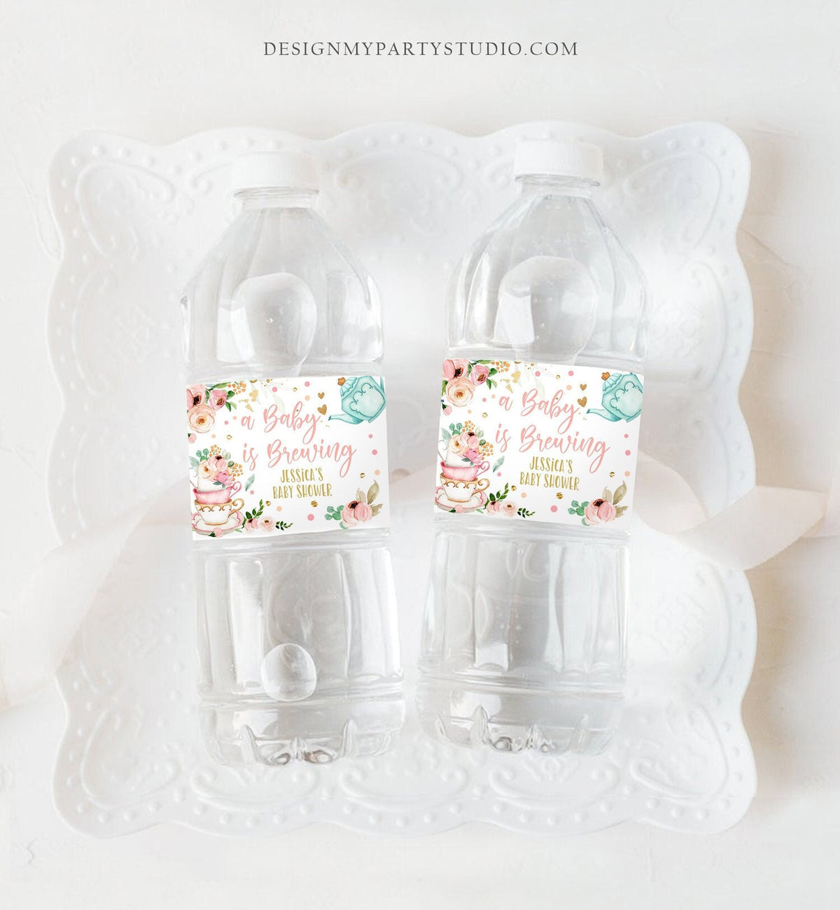 Editable Water Bottle Labels Tea Baby Shower Girl A Baby is Brewing Flowers Pink Gold Tea Shower Digital Download Template Printable 0349