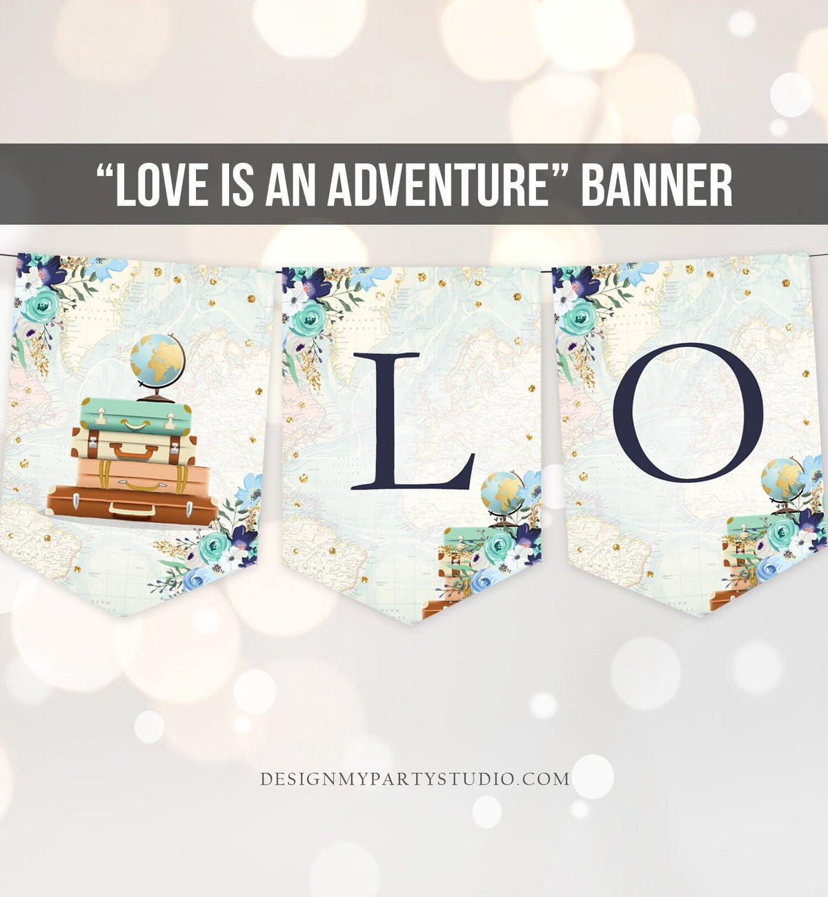 Love is an Adventure Banner Travel Adventure Bridal Shower Traveling Suitcases Floral Navy Blue Flowers Instant Download Printable 0030