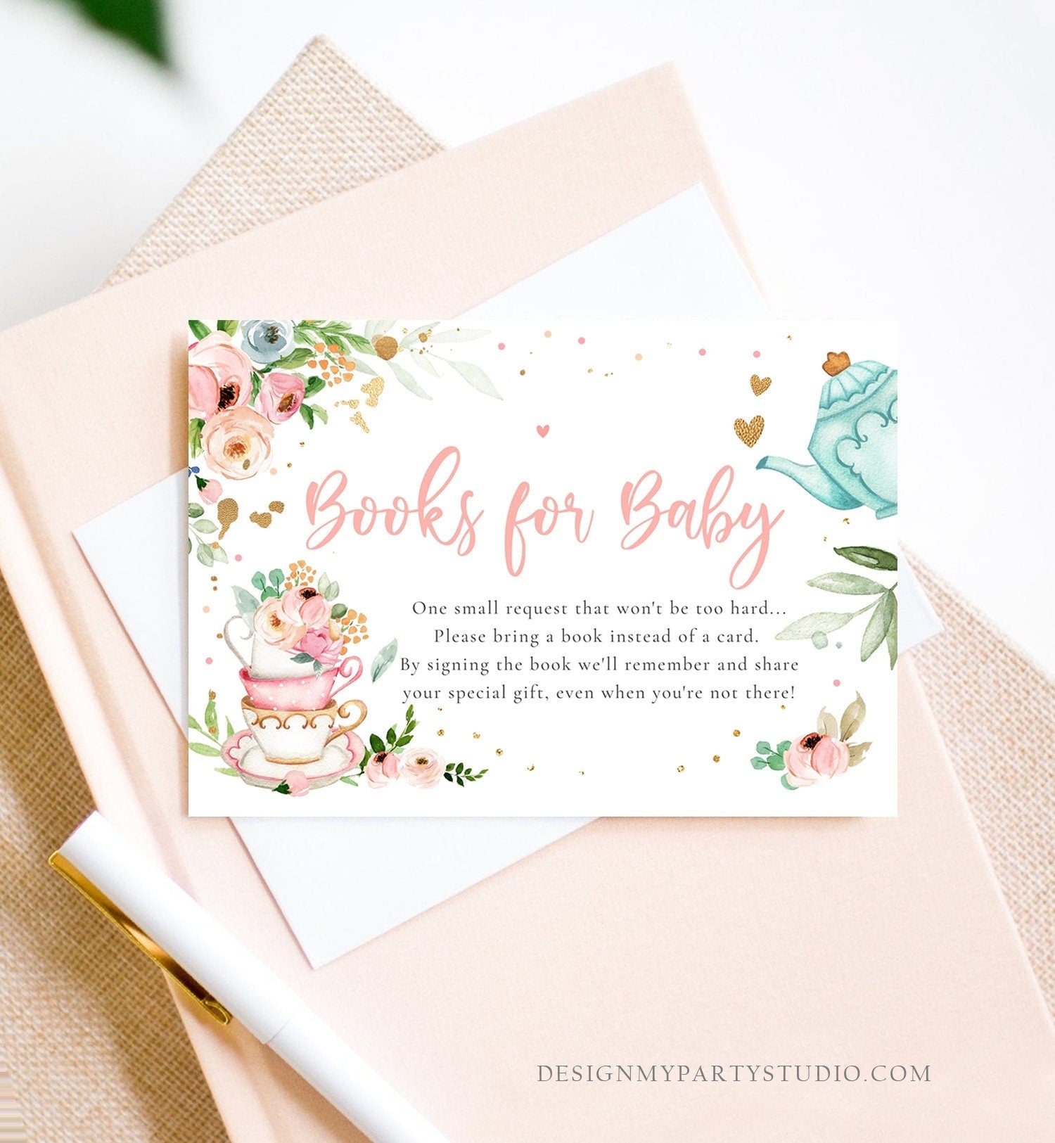Editable Bring a Book Card Baby is Brewing Baby Shower Tea Party Book Insert Books for Baby Book Request Digital Template Printable 0349
