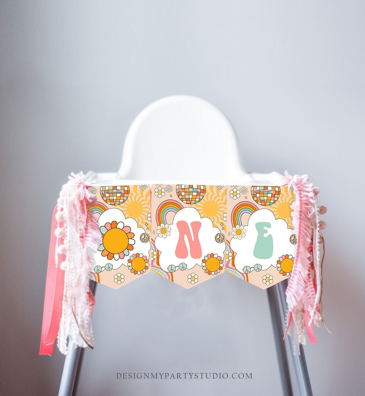 Groovy One High Chair Banner Retro Groovy Birthday Party 1st First Birthday Rainbow 70s Peace ONE Floral Boho Decor Digital Printable 0459