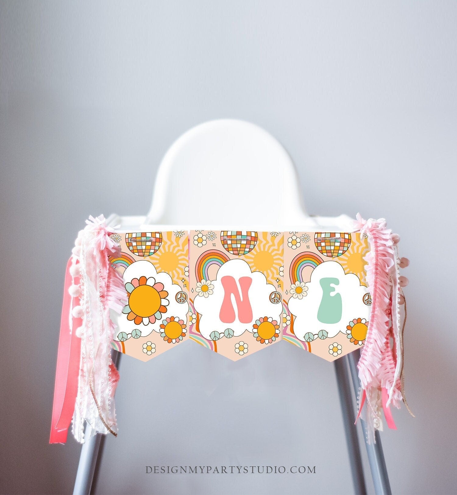 Groovy One High Chair Banner Retro Groovy Birthday Party 1st First Birthday Rainbow 70s Peace ONE Floral Boho Decor Digital Printable 0459