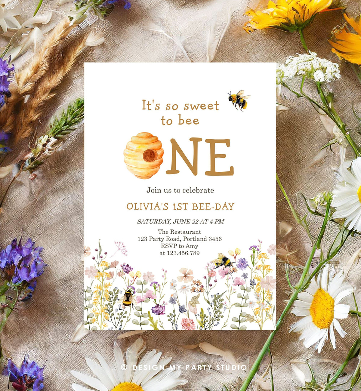 Editable Sweet to Bee One Invitation First Bee-Day Party 1st Bee Day Honey Girl First Birthday Bumble Bee Digital Template Printable 0502
