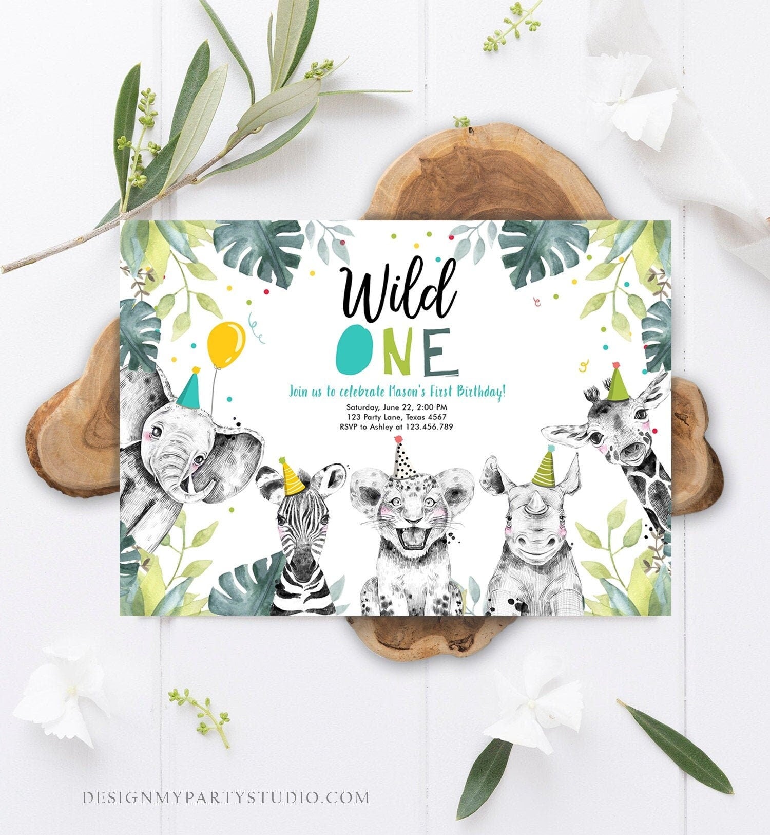 Editable Wild One Birthday Invitation Boy Safari Animals Invite Green Gold Party Animals Digital Download Evite Template Printable 0322