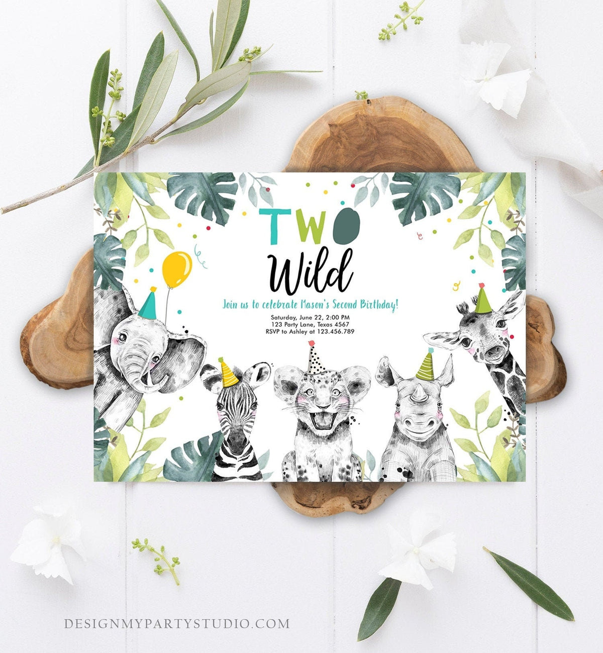 Editable Two Wild Birthday Invitation Boy Safari Animals Green Gold Safari Zoo Second Birthday 2nd Digital Download Template Printable 0322