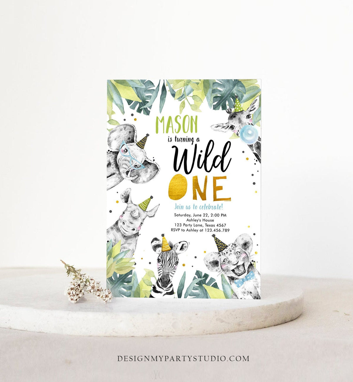 Editable Wild One Birthday Invitation Safari Party Animals Boy Gold First Birthday Born to be Wild Digital Evite Template Printable 0322