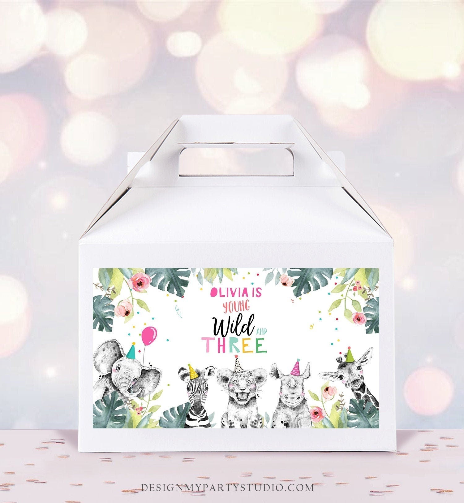 Editable Party Animals Gable Safari Animals 3rd Birthday Gift Box Label Watercolor Young Wild and Three Digital Template Printable 0322