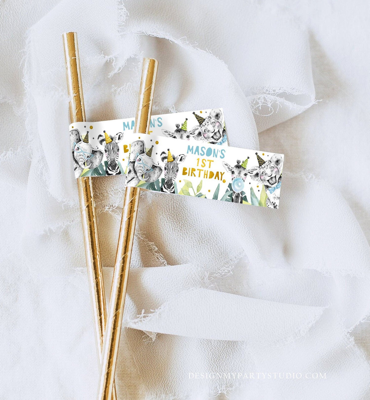 Editable Party Animals Straw Tags Safari Animals Birthday Straw Flag Straw Label Boy Birthday Wild One Gold Digital Template Printable 0322
