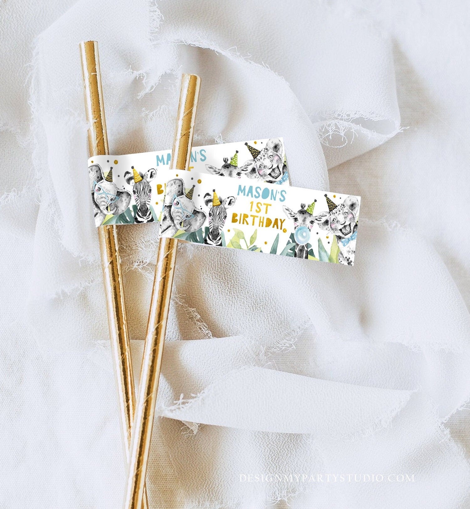 Editable Party Animals Straw Tags Safari Animals Birthday Straw Flag Straw Label Boy Birthday Wild One Gold Digital Template Printable 0322