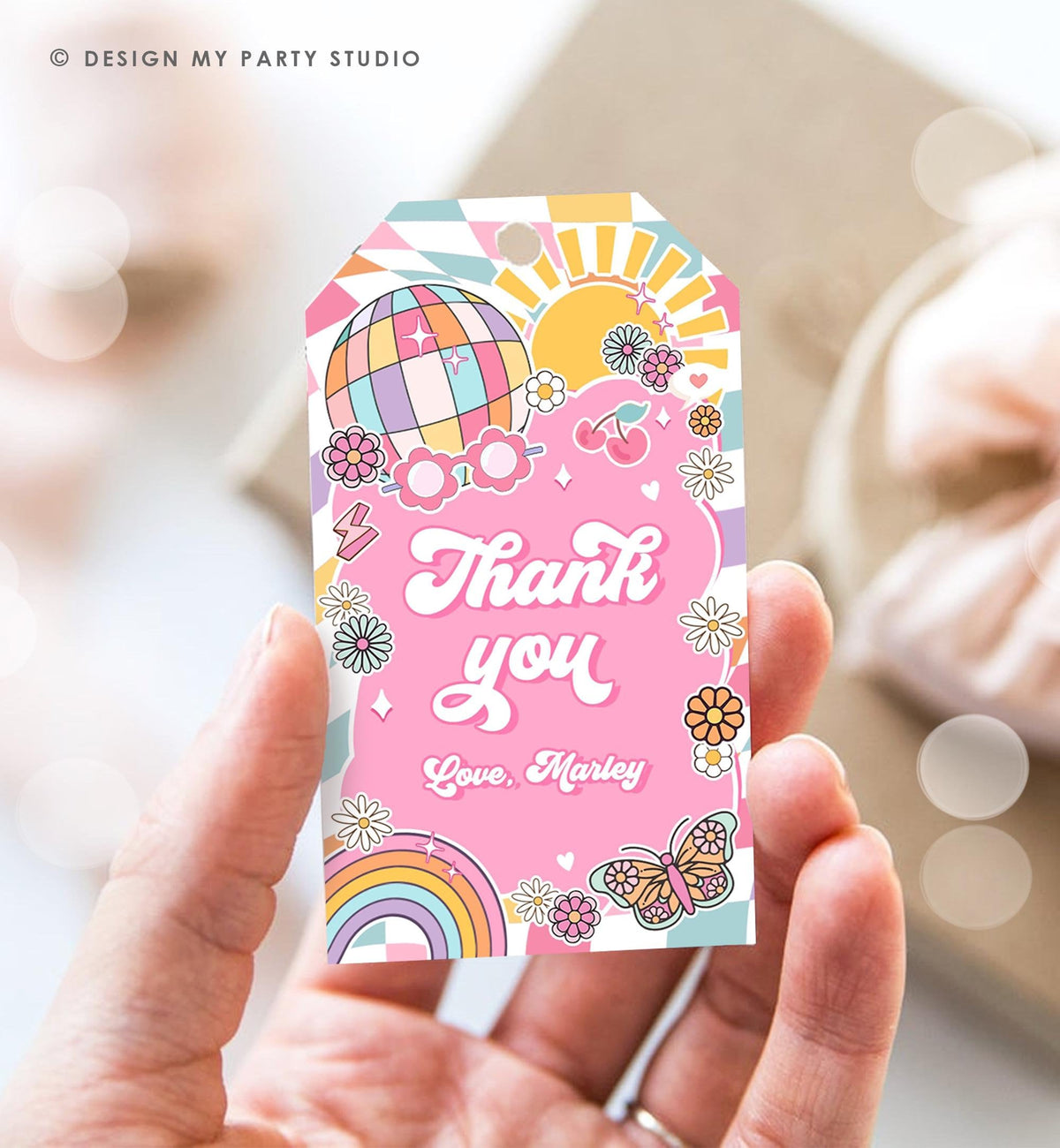 Editable Groovy Favor Tag Baby Shower Birthday Thank You Tag Girl Retro 70&#39;s Party Peace Flower Power Hippie Digital Template Printable 0524