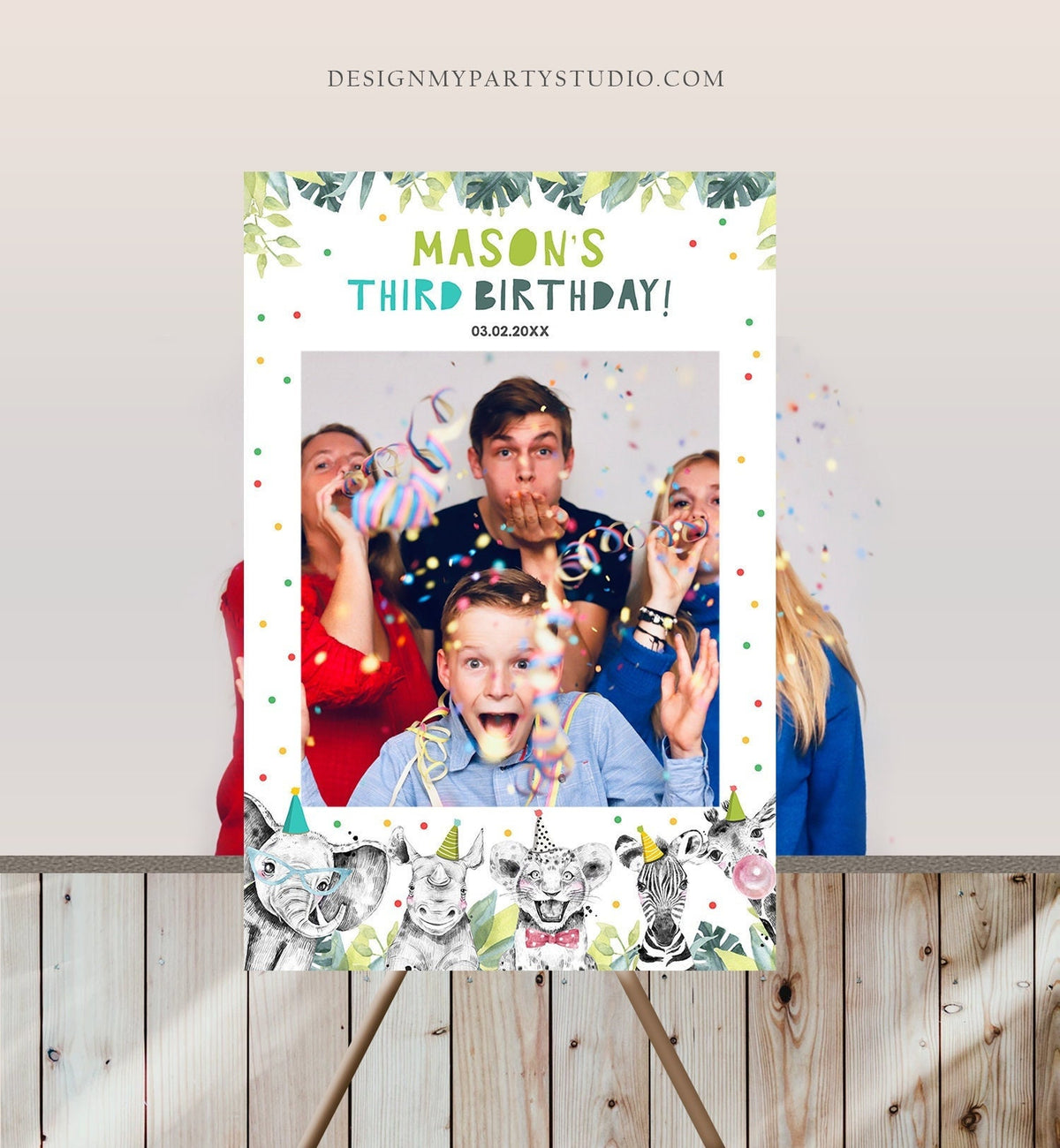 Editable Party Animals Birthday Photo Booth Sign Frame Safari Boy Birthday Wild One Party Photo Poster Decor Digital Template Printable 0322