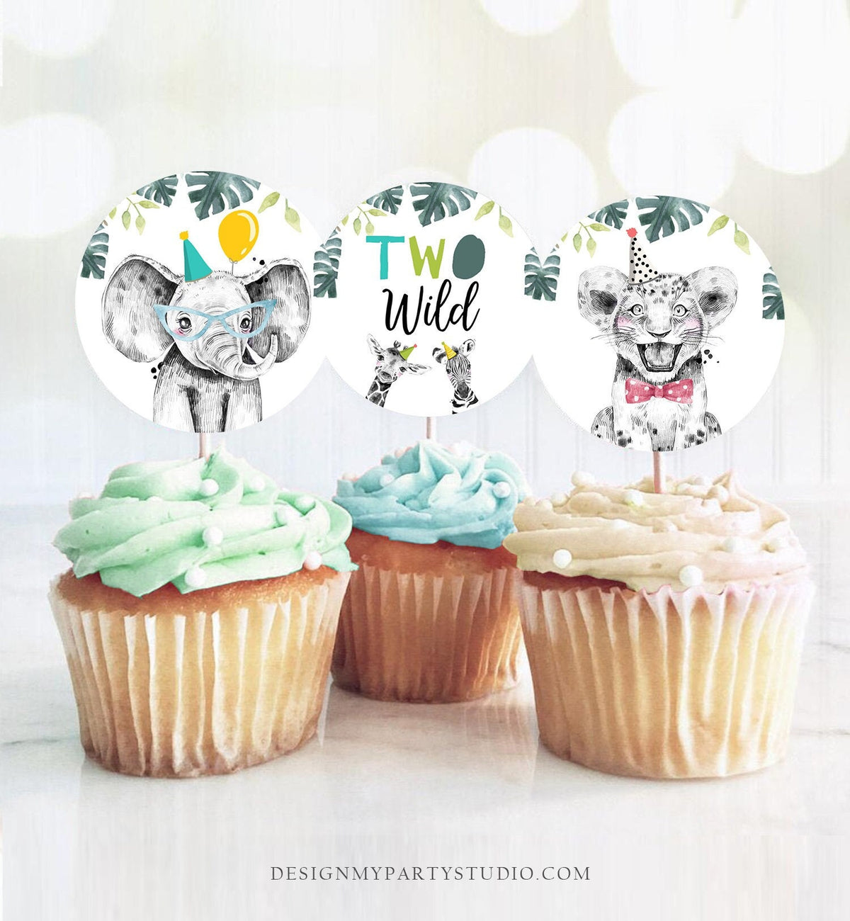 Two Wild Party Animals Cupcake Topper Favor Tag Birthday Party Safari Animals Zoo 2nd Second Birthday Digital Download Printable 0322