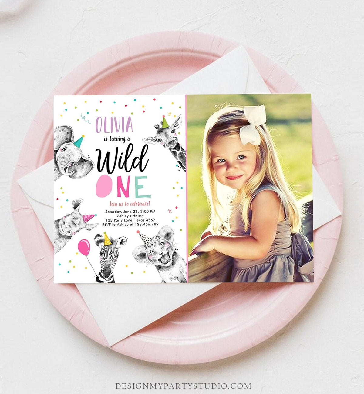 Editable Wild One Birthday Invitation Safari Animals Party Animals Girl Pink Gold First Birthday 1st Digital Template Printable 0390