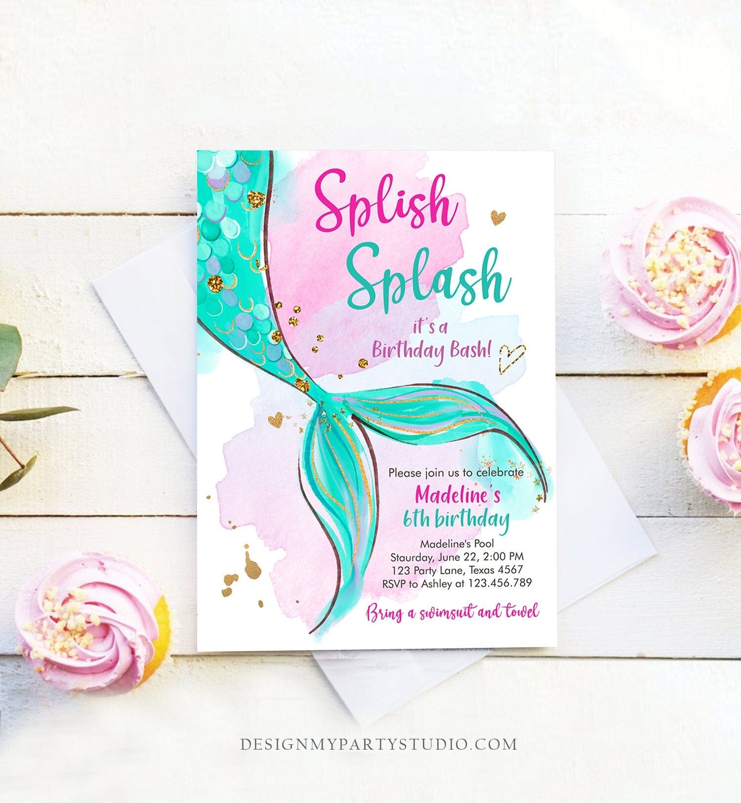 Editable Mermaid Birthday Party Invitation Girl Pool Party Pink Gold Mermaid Birthday Under The Sea Digital Download Template Printable 0403