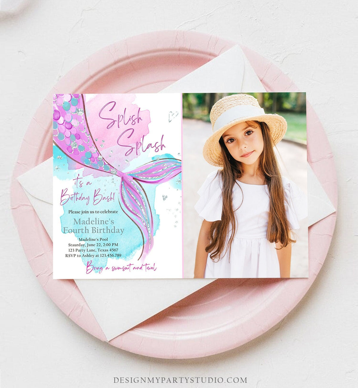 Editable Mermaid Birthday Party Invitation Girl Pink Purple Silver Mermaid Birthday Under The Sea Digital Download Template Printable 0403