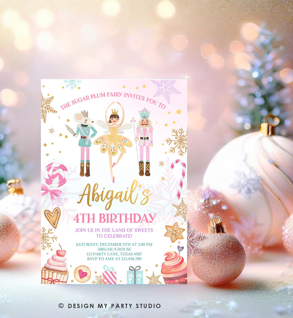 Editable Nutcracker Birthday Invitation Girl Land of Sweets Winter Gold Girl Sugar Plum Fairy Digital Download Evite Template Printable 0352