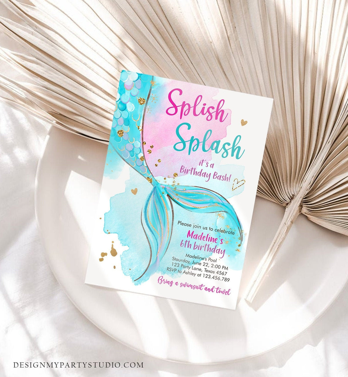 Editable Mermaid Birthday Party Invitation Girl Pool Party Pink Mermaid Birthday Under The Sea Digital Download Template Printable 0403