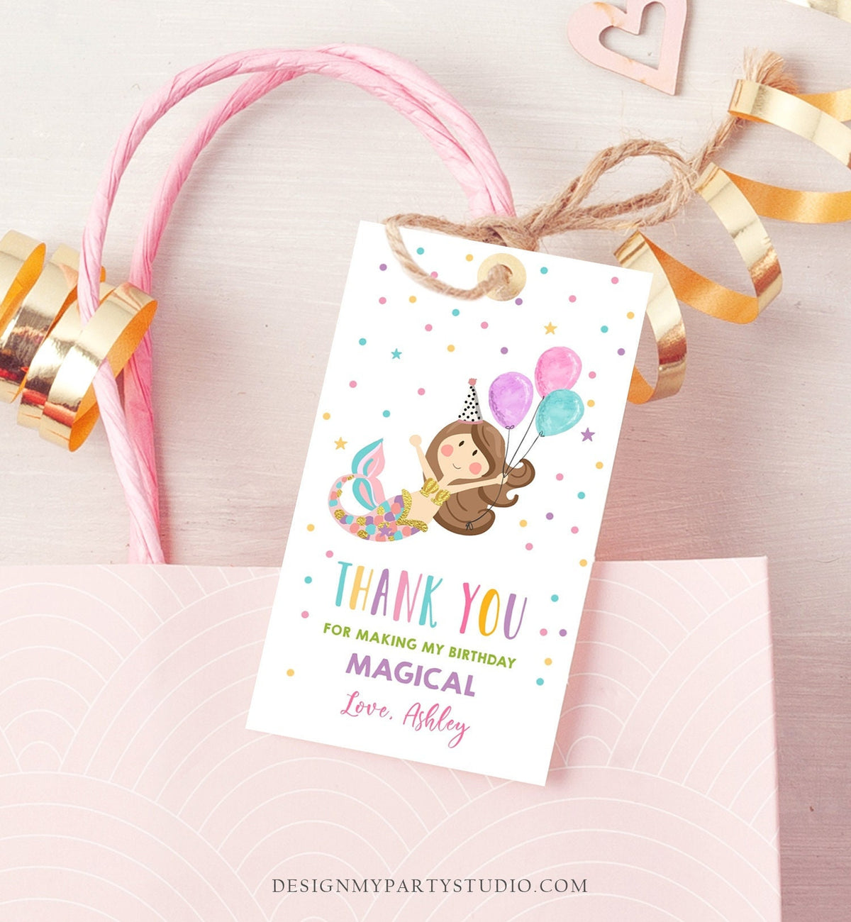 Editable Mermaid Favor Tag Birthday Party Favors Under the Sea Thank You Gift Tags Pink Girl Gold Balloons Digital Template Printable 0338