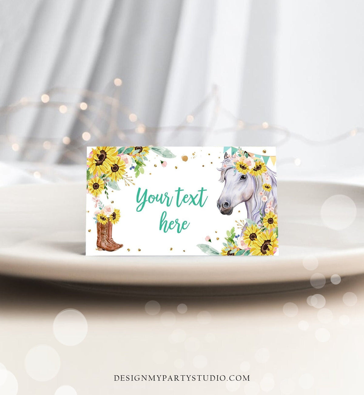 Editable Horse Birthday Food Tent Cards Horse Labels Cowgirl Party Place Girl Sunflowers Pony Saddle Up Digital Template Printable 0408