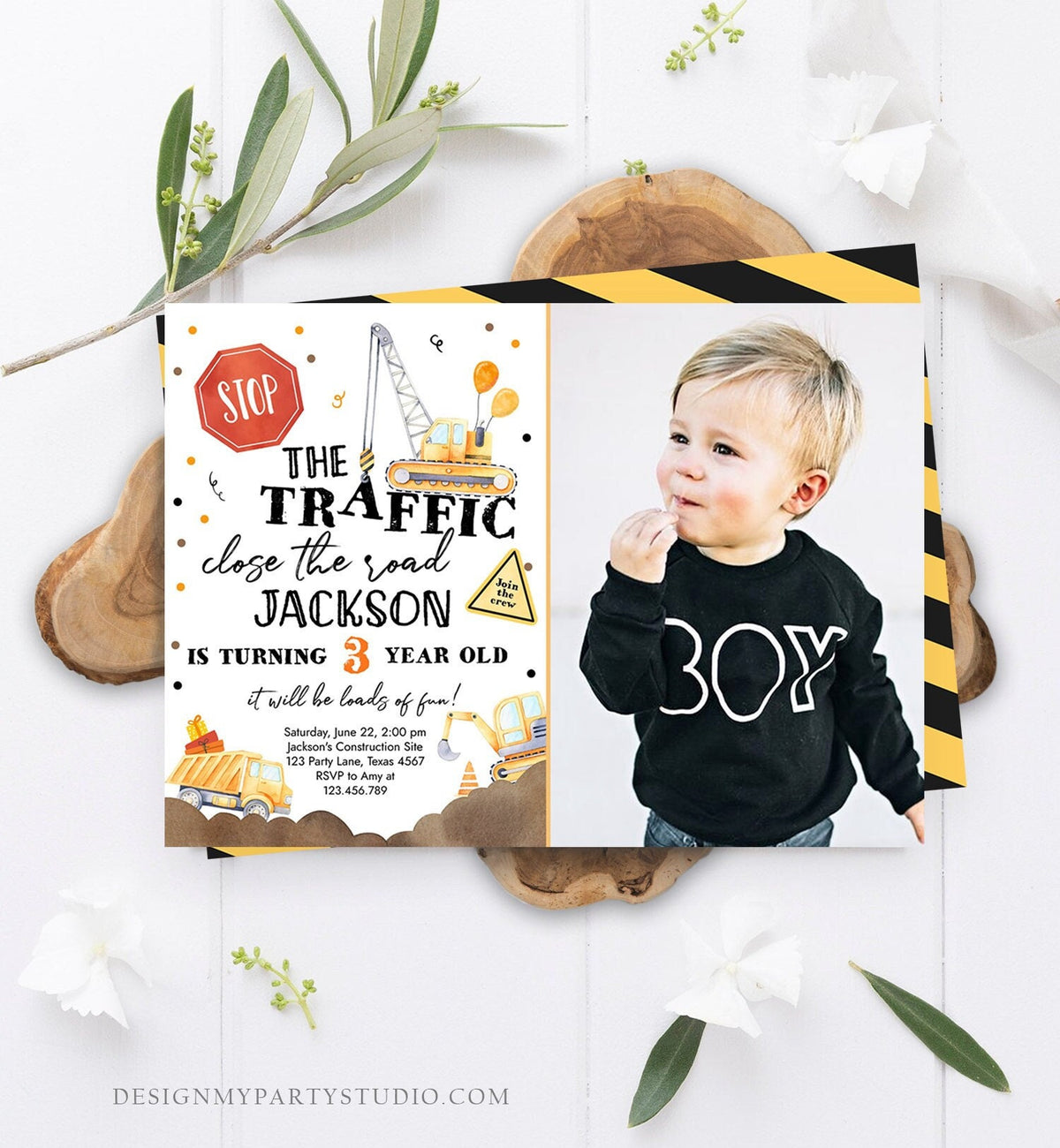 Editable Construction Birthday Invitation Yellow Dump Truck Excavator Caution Party Boy Digital Download Evite Template Printable 0374
