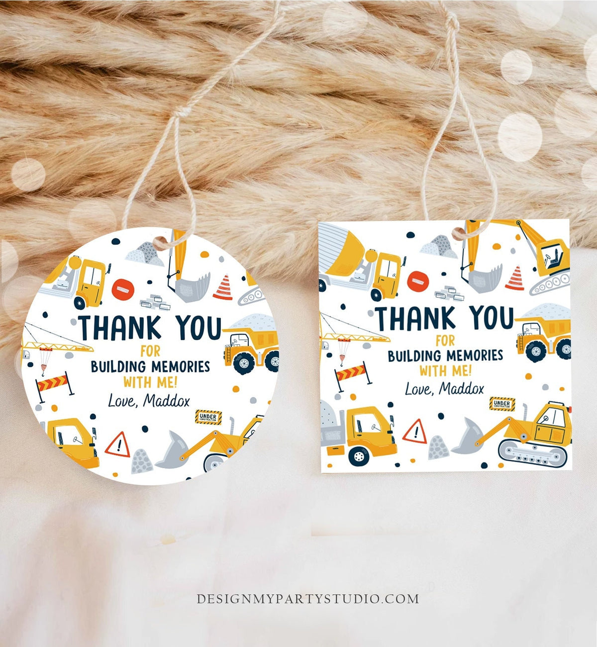 Editable Construction Thank You Tags Construction Birthday Favors Sticker Boy Dump Truck Digger Party Digital Template Printable 0458