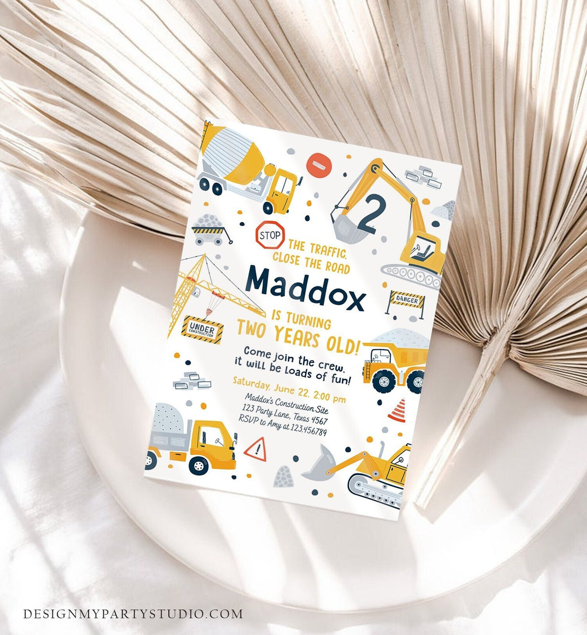 Editable Construction Birthday Invitation Yellow Dump Truck Excavator Digger Party Boy Digital Download Evite Template Printable 0458