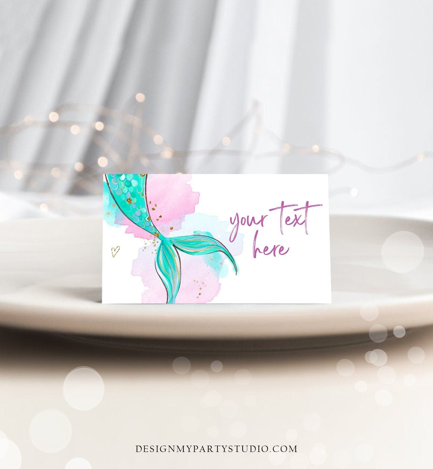 Editable Mermaid Food Labels Mermaid Birthday Place Card Tent Card Escort Card Girl Pink Gold Under The Sea Printable Corjl Template 0403