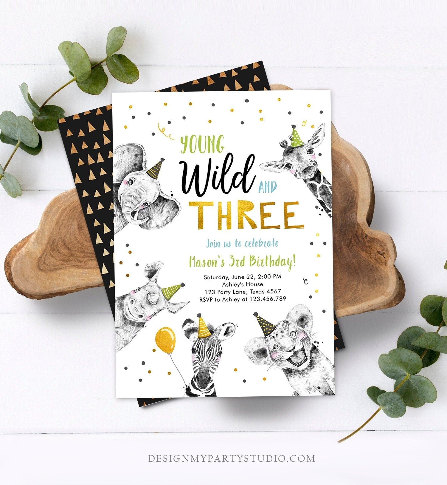 Editable Young Wild and Three Birthday Invitation Boy Green Gold Third 3rd Safari Animals Digital Download Evite Template Printable 0390