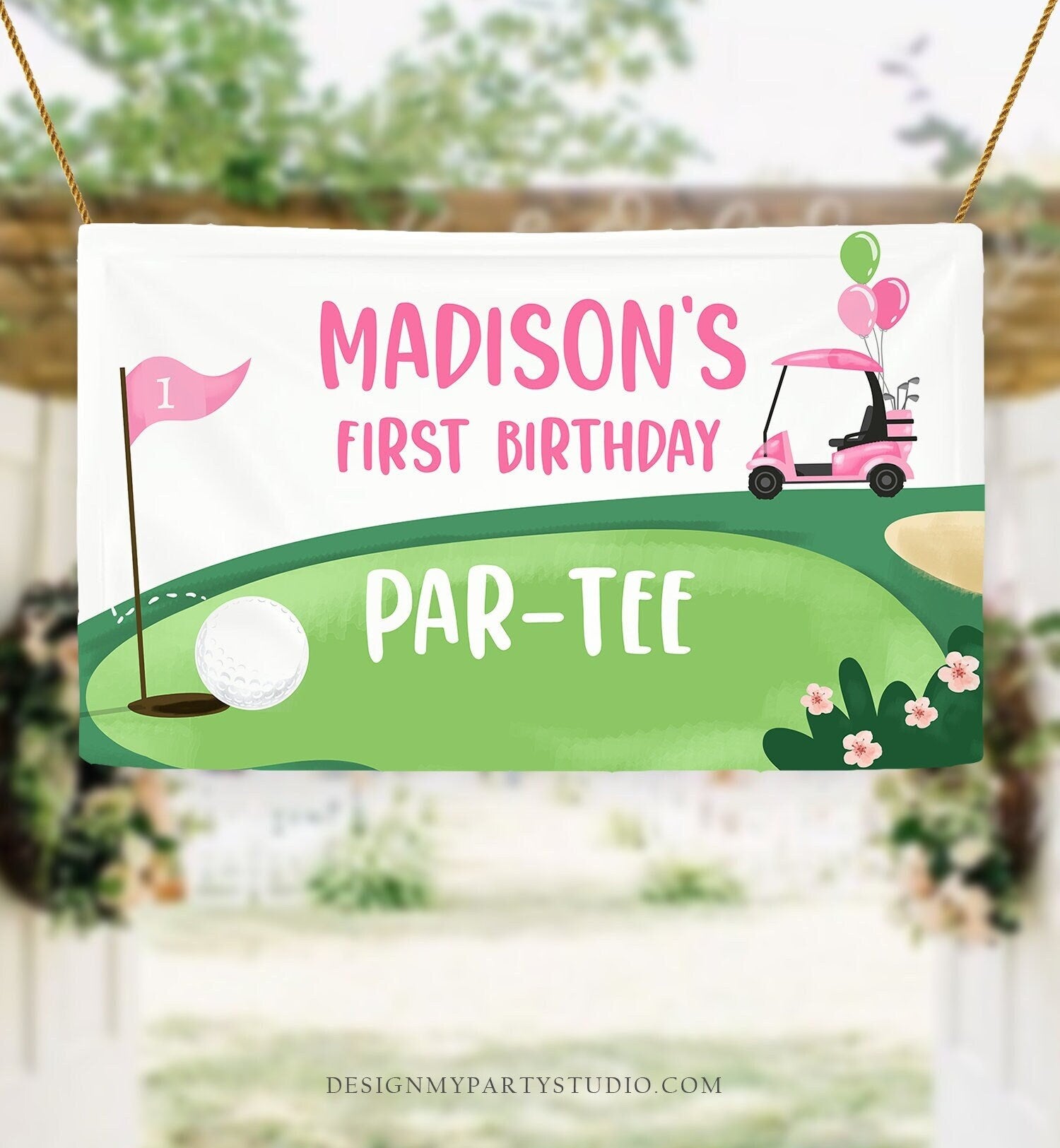 Editable Hole in One Backdrop Banner Golf Birthday Girl First Birthday Par-tee Golfing 1st Party Digital Download Template Printable 0405