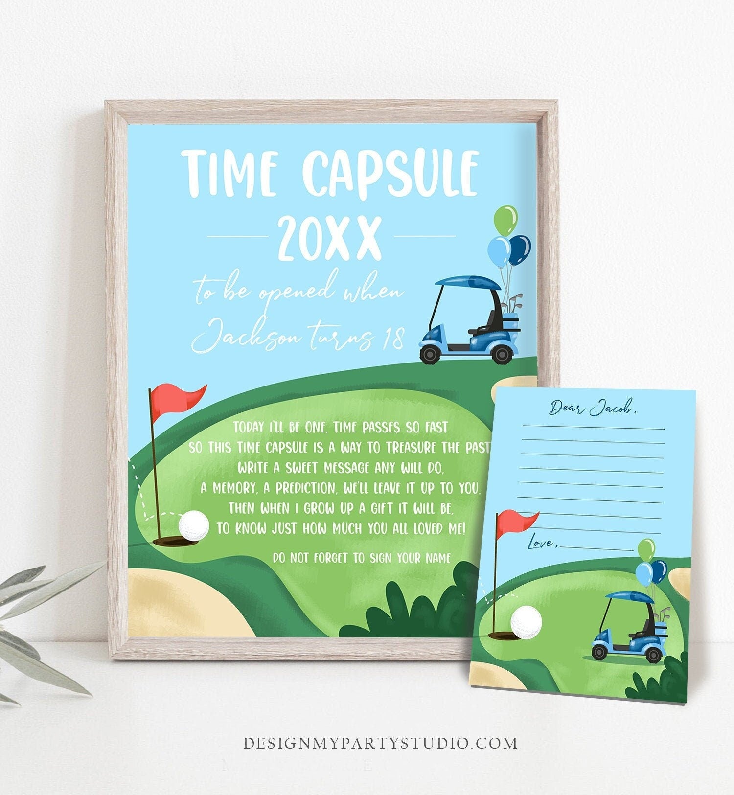 Editable Golf Time Capsule First Birthday Party Hole in One Birthday First Par-tee Guestbook Boy Golfing Digital Template Printable 0405